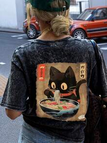 Áo thun nữ cổ tròn tay ngắn, họa tiết mèo hoạt hình mới mùa hè, kiểu dáng rộng rãi, đa năng, thời trang mặc hàng ngày. - màu đen - Xem 9