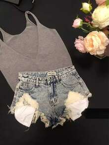 Retro Lolita Fringed Hem Distressed Denim Short Pants For Women - New Style, Slimming, Revealing A-Line Hot Pants - Snowflake Blue - View 3