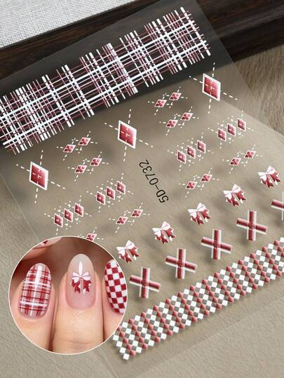 1 hoja Pegatinas de arte de uñas 5D a cuadros rojos y azules con relieve en forma de lazo y patrón de cuadrícula, calcomanías para uñas DIY para manicura para uso en salón y hogar
