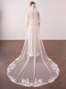 1 Pc 2 Tier Wedding Veil Lace Applique Cathedral/Chapel Bridal Veil Blusher Veils With Comb For Bride White Ivory - Multicolor - View 12