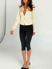 Womens Split Hem Capri Pants Fold Over Waist Solid Color Slim Fit Cropped Pants Trousers - 黑色 - 查看 6