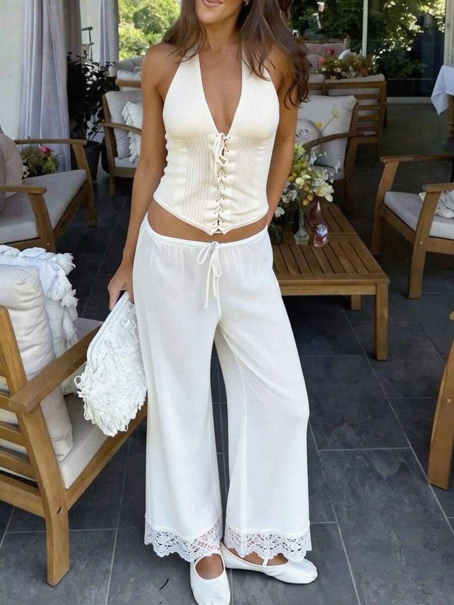 Women's Sleeveless Knit Camisole, Hollow-Out Lace-Up Design, Fashionable & Sexy, Suitable For Summer Vacation, Outing, Street Photography And Other Occasions