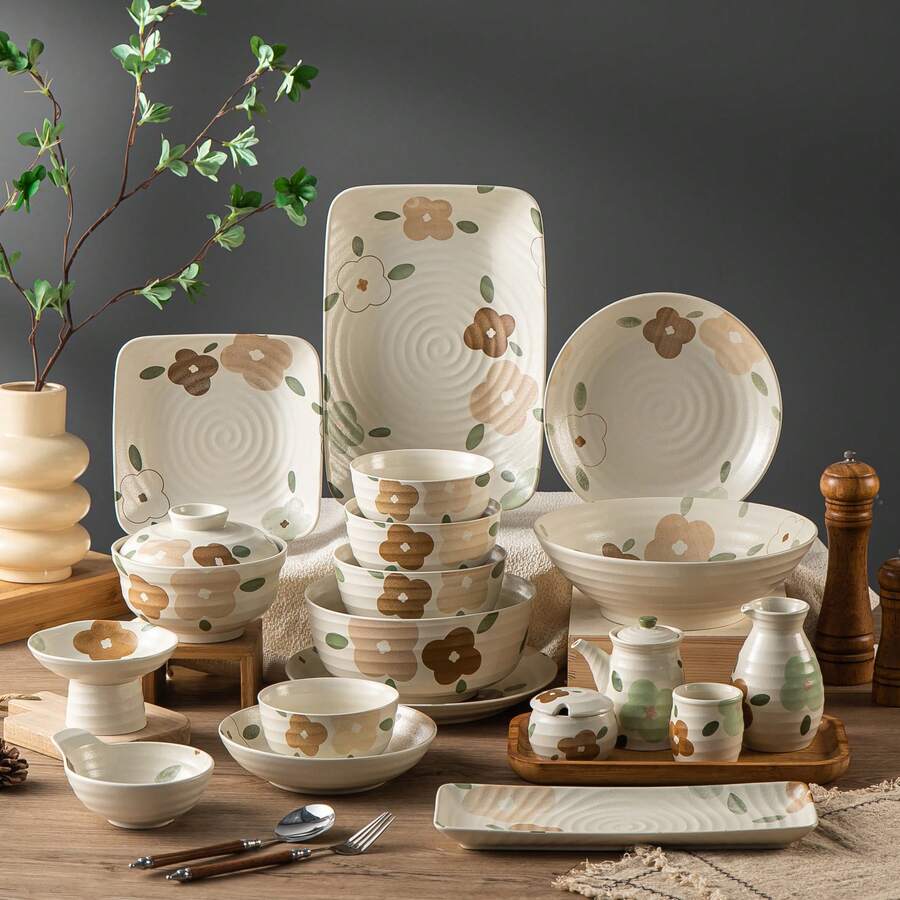 4.5英寸酸奶碗、5英寸甜点碗、5.5英寸饭碗、6英寸面碗，手绘樱花陶瓷碗，适用于餐厅、宴会、派对、日常使用和送礼。 - 彩色 - 查看 1