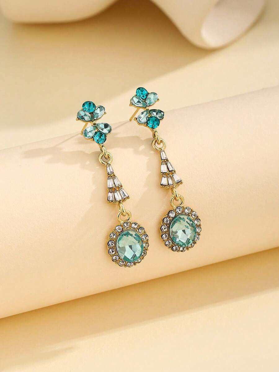 1 Đôi bông tai tua rua kiểu Âu Mỹ sang trọng đính đá và thủy tinh, phù hợp để đeo hàng ngày cho nữ. - Màu xanh nhạt - Xem 1