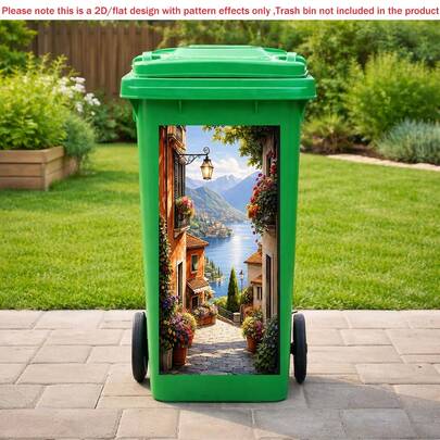 1pc 2D Flat Self-Adhesive Trash Can Sticker Scenic Village Trash Bin Sticker, European Landscape Decal, Aesthetic Garbage Can Decor, Waterproof 2D Sticker, PVC Material, Easy To Peel And Stick, Flat Art Sticker, Kitchen Storage