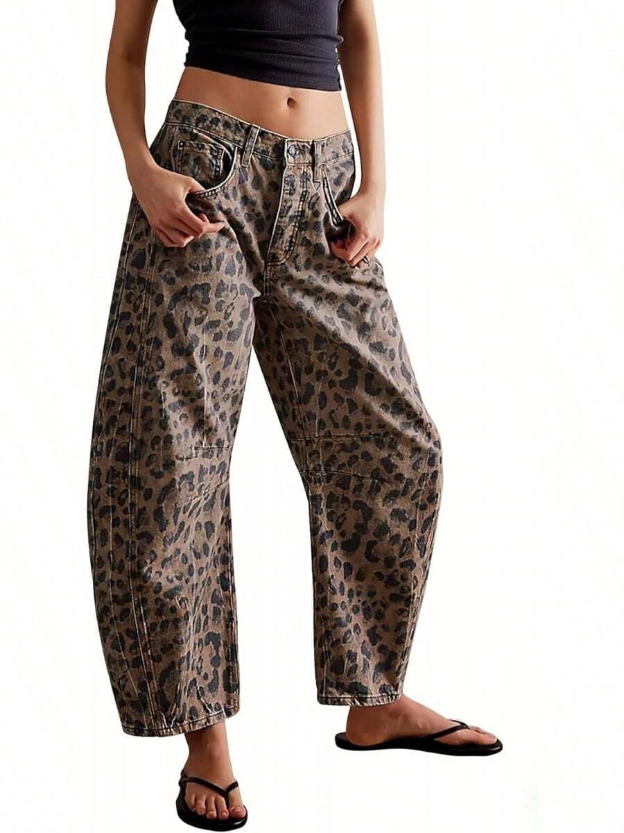 Women's Jeans Section: Women's Horseshoe-Shaped Barrel Jeans, Mid-Waist Wide-Leg Jeans, Loose Fit, Slim Tapered Leg Casual Jeans. - Họa tiết da báo - Xem 1