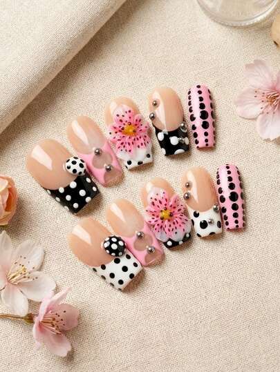 Beleef een eersteklas salonervaring met deze 10-delige set medium coffin coquette nagels in een sportieve, zoete en coole stijl met creatieve voetbal- en retro stippen 3D bloemen- en voetbalsculptuur. Deze handgemaakte, professionele en herbruikbare nagelset van salonkwaliteit is perfect voor sportfans, feestjes, dagelijks gebruik en wedstrijden.