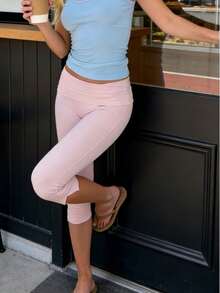 Women's Y2K Low Waist White Capri Leggings Fold Over Waistband Split Hem Solid Color Slim Fit Stretchy Cropped Leggings Buttery Soft High Elasticity Bodycon Skinny Basic Layering Pants Casual Daily Yoga Workout Gym Running Loungewear Streetwear Spring Summer Fall Comfortable Ladies Going Out Bottoms - Hồng - Xem 2