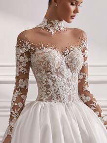 High Neck Lace Long Sleeve Satin A-Line Wedding Dress – Illusion Lace Bodice With Intricate Detailing, Sheer Long Sleeves And Structured Satin A-Line Skirt; Crafted From Fine Lace And Premium Satin For A Balanced Blend Of Soft Texture And Regal Form; Perfect For Church Weddings, Grand Ceremonies, Christmas Services, Halloween Galas, Prom Nights And Formal Birthday Events – Classic, Graceful And Poised With Vintage Appeal - trắng - Xem 3