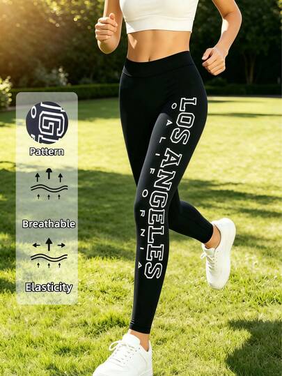 1件装女士高腰字母印花弹力休闲舒适黑色七分裤，百搭日常穿着