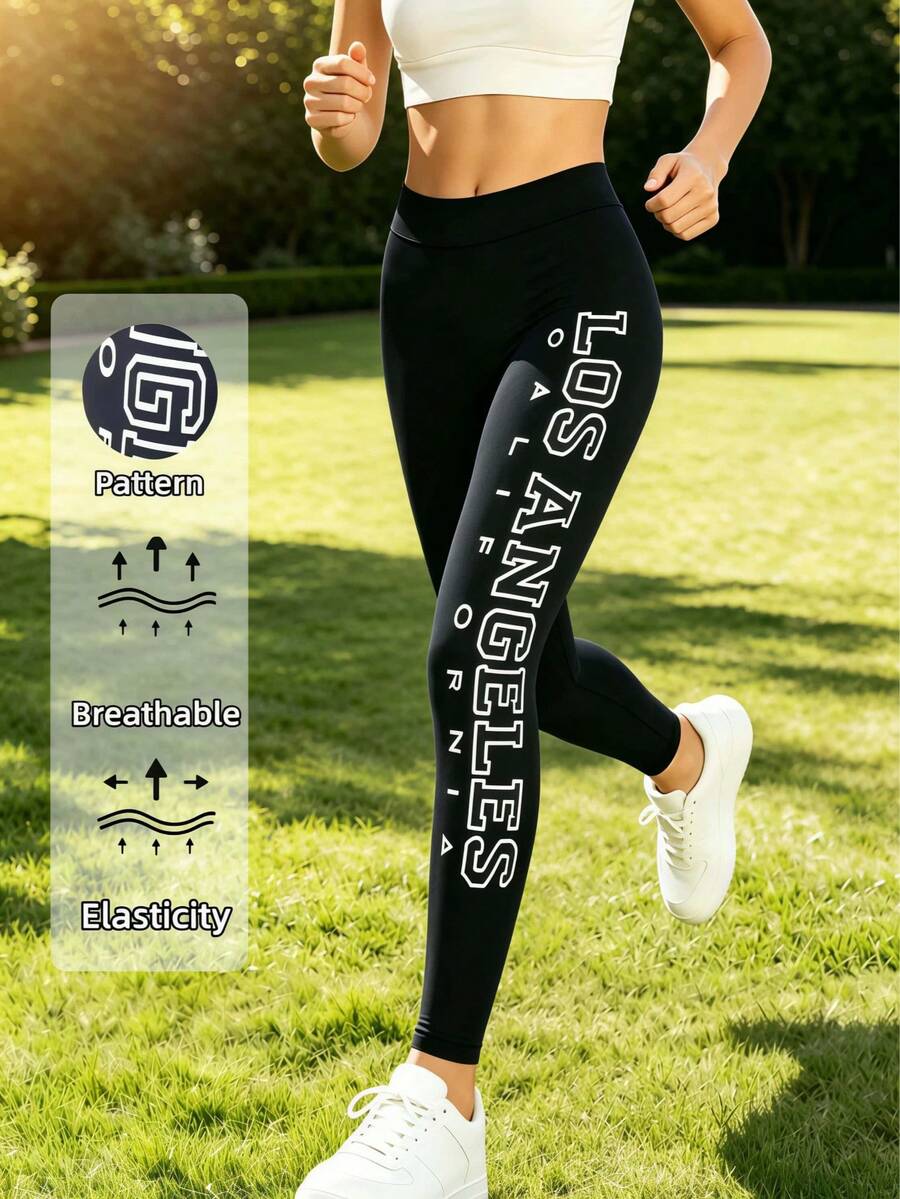 1件装女士高腰字母印花弹力休闲舒适黑色七分裤，百搭日常穿着 - 黑色 - 查看 1