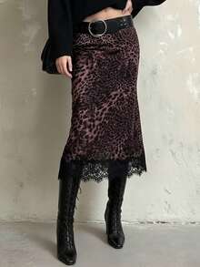 Vintage Low-Waist Leopard Print Lace Patchwork Skirt, Y2K Streetwear Style Lace Trim Long Skirt, Elegant Aesthetic Black Spring - Black - View 2