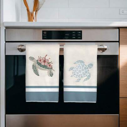 2pcs Ocean Themed Turtle Print Kitchen Towels, 40*60cm Super Absorbent Microfiber Dish Cloths, Hand Towels, Kitchen/Bathroom/Home/Outdoor Decor, Housewarming Gift