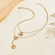 1pc Women's Retro Minimalist Double-Layer Heart Pendant Necklace - Gold - View 3