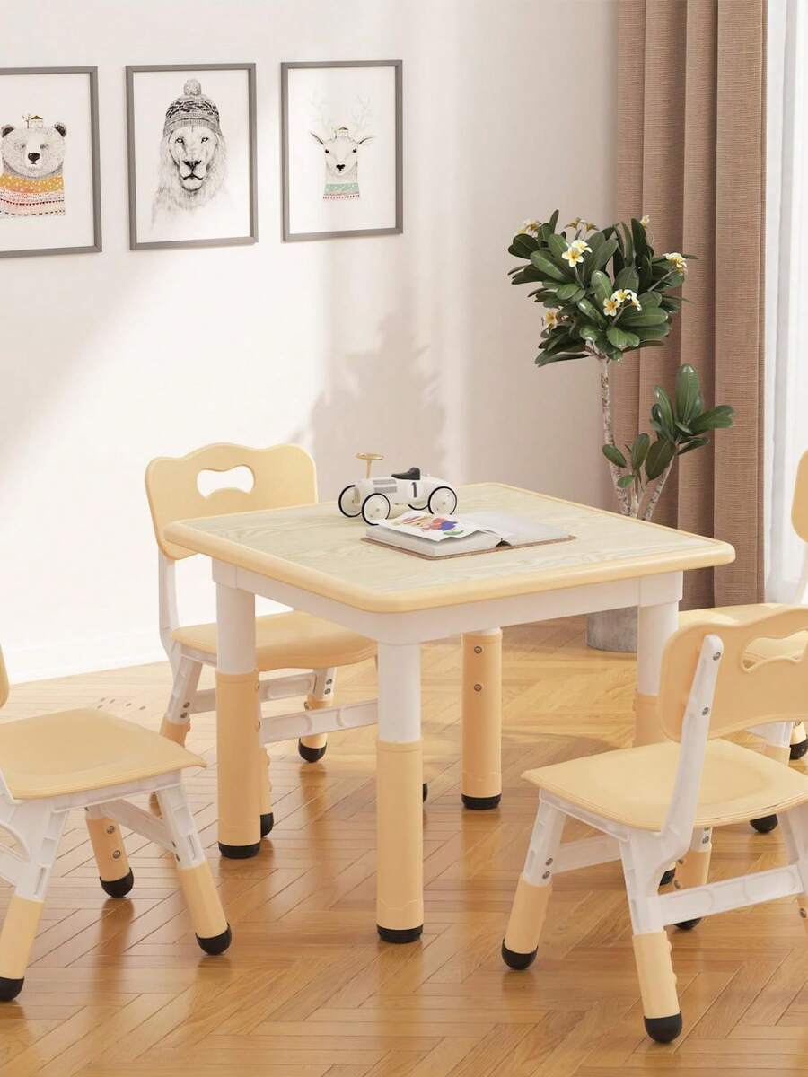 Juego de mesa y 4 sillas infantiles ajustables – Patas antideslizantes – Superficie para dibujar y fácil de limpiar – Incluye almacenamiento – Ideal para leer, dibujar, jugar y comer en hogar - / - Ver 1