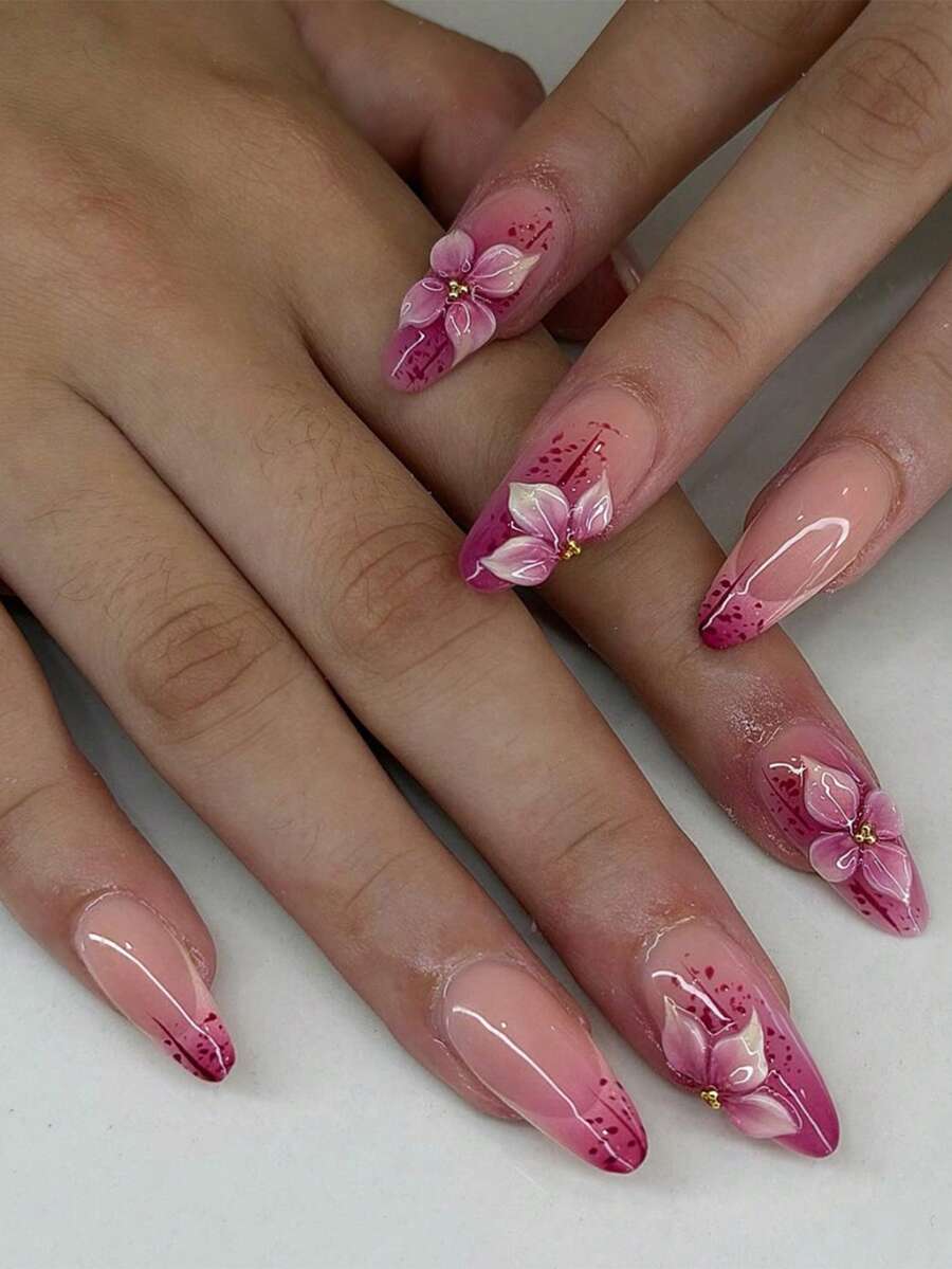 30pcs Almond Shaped Nail Stickers Set, Suitable For Party & Date Nail Art, Includes 1 Nail File & 1 Tube Of Jelly Nail Glue - Multicolor - View 1