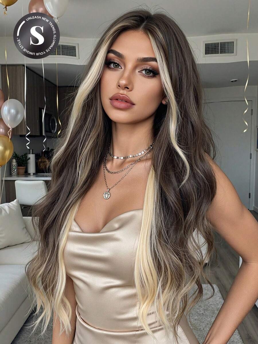 28 Inch Ombre Light Brown To Ash Blonde Water Wave Wig With Middle Part, Pre-Styled Loose Curls, Heat Resistant Synthetic Hair, Perfect For Streetwear, Hip Hop Style, Music Festival, Casual Daily & Club Night, Edgy Hairpiece For Women - Brown Highlight - View 1