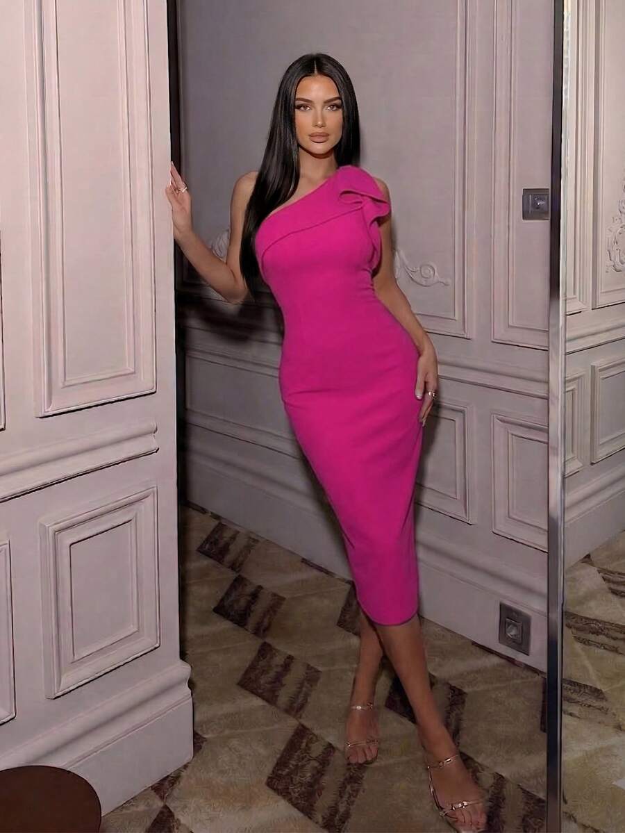 Solid Color Bandage Elegant Party Bandage Dress - Hot Pink - View 1