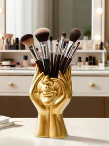 Artistic Female Face Makeup Brush Holder, Elegant Vanity Organizer With Sculptural Hand, Fashionable Bedroom Or Bathroom Countertop Decor, Perfect Gift For Women, Modern Aesthetic Cosmetics And Beauty Tools Storage - A - View 6