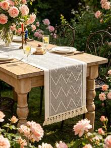1pc Table Runner, Grey Wave Pattern, Waterproof Fabric, Fringe Edge, Suitable For Home, Party, Hotel, Restaurant Table Decoration - Grey - View 5