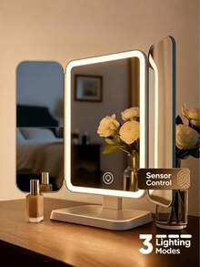 3-Fold LED Makeup Mirror, 1X/2X/3X Magnification, USB Rechargeable Vanity Mirror, 3 Lighting Modes, Touch Brightness Adjustment, Portable Folding Compact Travel Mirror, Durable Hard Shell Design, Suitable For Dorm, Office And Bedroom - Multicolor - View 5