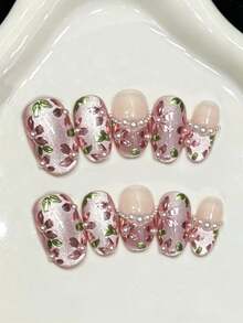 10pcs Short Oval Handmade Nail Stickers, Suitable For Party And Daily Wear, Light Purple Nail Stickers, French Glass Bead Cat Eye, Hand-Painted Pearl Floral, Luxurious Noble Style, Sparkling And Eye-Catching, Easy To Wear. 10pcs Y2K Style Handmade Nail Stickers, Summer Style, Suitable For Girls And Women Holiday Party And Daily Wear Nails - Mauve Purple - View 11