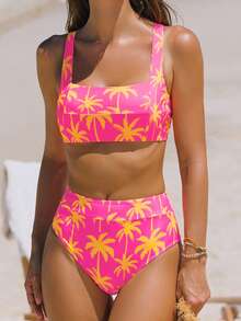 popvil Bộ bikini mùa hè dành cho nữ, họa tiết lá cọ nhiệt đới, áo cổ vuông, quần cạp cao kiểu dây chéo, thích hợp cho kỳ nghỉ biển. - Màu Hồng Tươi - Xem 6