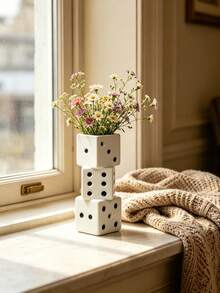 Novelty Dice Shaped Vase, Creative White Resin Flower Pot, Unique Home Decor Accent For Shelf Desk Window Sill, Gift For Plant Lovers - 1PC - View 5