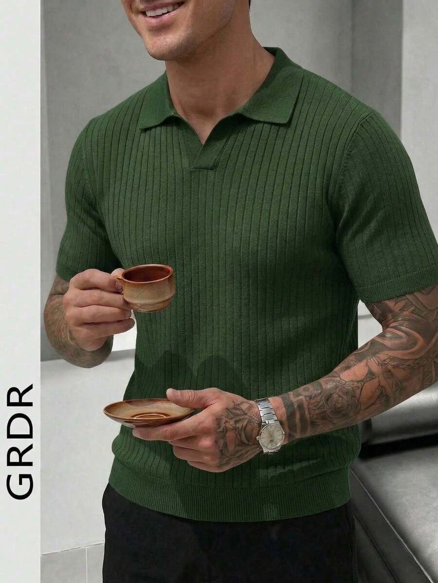 GRDR 男士夏季飞机领罗纹纯色短袖针织衫，适合夏季外出，时尚造型必备单品