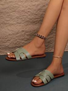 Sandalias de mujer con textura de lujo y brillo dorado, diseño minimalista hueco, suela plana ligera, sensación cómoda en los pies, adecuadas para estudiantes, trabajadoras de oficina, mamás, salidas diarias, reuniones, viajes, fotografía, combinables con trajes, pantalones anchos, vestidos de té francés, conjuntos de sudadera casual, transpirables, fáciles de poner, sin ampollas, versátiles, elegantes, para uso al aire libre - Verde militar - Ver 3