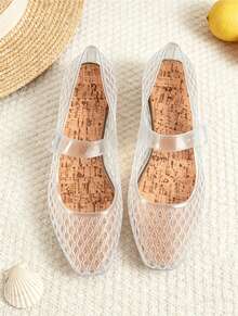 Women's Jelly Mesh Flats Breathable Clear Hollow Shoes Summer Beach Jellies Ballet Sandals - 無色 - 查看 2
