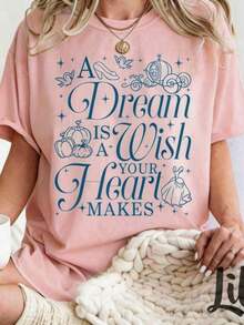 Loose Y2K Aesthetic Women Cotton T-Shirt, Inspirational Princess Print Round Neck Top For Summer Daily Outdoor Street Work Outfits - 粉色 - 查看 7