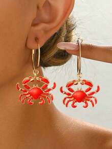 1 Pair New Summer Vacation Ocean Style Women's Hoop Earrings, Fashion Bohemian Marine Life Series Red Enamel Lobster & Crab Personalized Hoops, Versatile For Daily, Beach Party, Holiday Gift - 橘紅色 - 查看 1