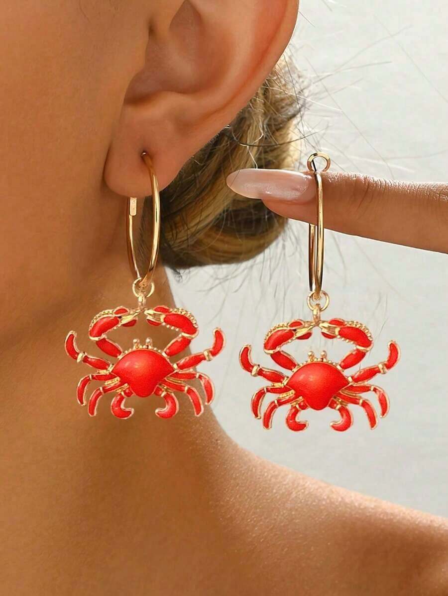 1 Pair New Summer Vacation Ocean Style Women's Hoop Earrings, Fashion Bohemian Marine Life Series Red Enamel Lobster & Crab Personalized Hoops, Versatile For Daily, Beach Party, Holiday Gift - 橘紅色 - 查看 1