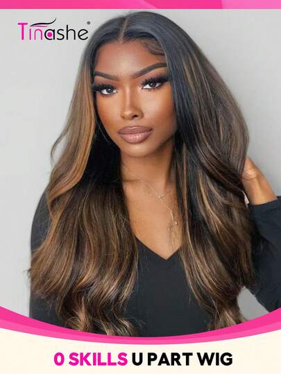 Tinashe 1B/2/30 高光波浪卷U型假发，真人发假发，棕色头皮效果，150%密度，无需留出头发，巴西真人发，自然色，女士无胶假发，万圣节服装，女士万圣节美甲，无胶假发，真人发，万圣节角色扮演，仙女发型，婚礼美人鱼黑色假发，美发用品