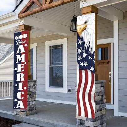 Biểu ngữ trang trí hiên nhà "God Bless America" (Chúa phù hộ nước Mỹ), hình đại bàng đầu trắng và cờ Mỹ, dùng để treo cửa trước nhà, cổng nhà nhân dịp kỷ niệm 250 năm Ngày Độc lập 4 tháng 7, trang trí tiệc tùng, chất liệu polyester chất lượng cao.