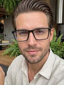 Rectangular Eyeglass Frame For Men, Classic Shape, Casual, Elegant, Durable, Mood, Exclusive Basic Men's, Father's Day Gift, Romeo Model, Made Of Durable And Comfortable Resin - 拋光黑 - 查看 1