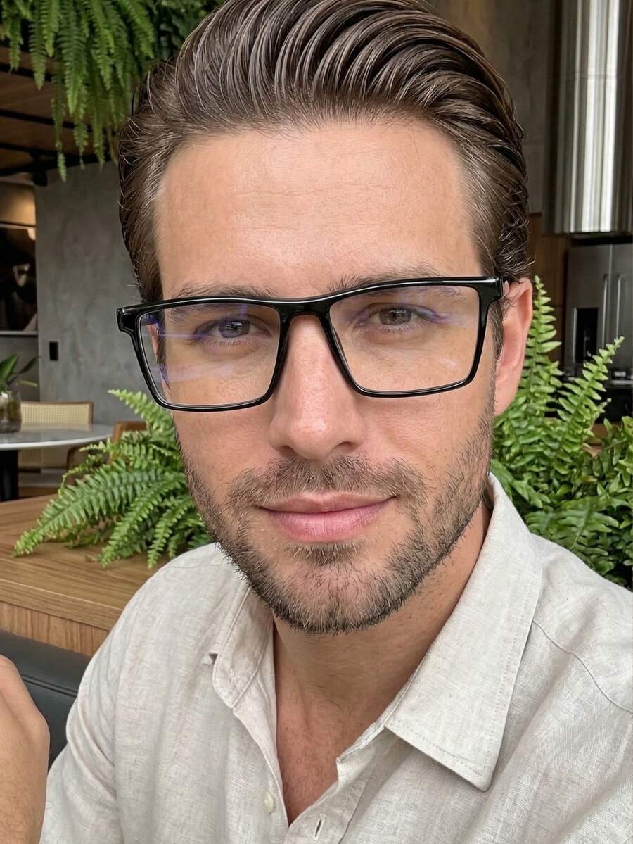 Rectangular Eyeglass Frame For Men, Classic Shape, Casual, Elegant, Durable, Mood, Exclusive Basic Men's, Father's Day Gift, Romeo Model, Made Of Durable And Comfortable Resin - 拋光黑 - 查看 1