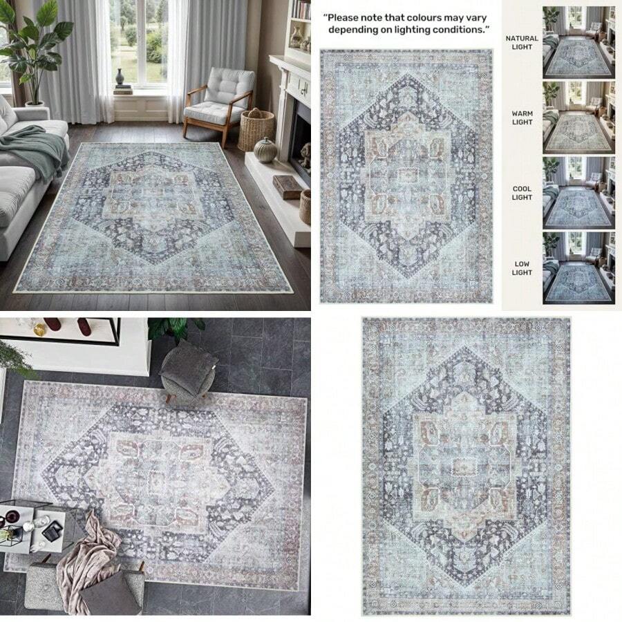 GLN Rugs Alfombra De Área Lavable A Máquina Resistente A Las Manchas Estética Vintage Persa Bohemia Desgastada Parte Trasera Antideslizante Decoración del Hogar para Piso Interior para Dormitorio - 1.2 x 1.8 metros 4 x 6 pulgadas - Ver 1
