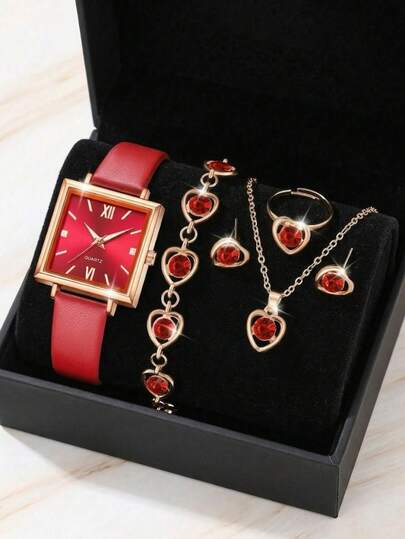 6pcs Set, Elegant Ladies Watch, Sophisticated Square Dial Design, Ladies PU Leather Strap Quartz Watch, Luxury Red Crystal Jewelry Set, Suitable For Daily Wear, Vacation, Festivals, Parties, Gatherings, Birthday Gift, Holiday Gift For Girlfriend Or Mother, Mother's Day Gift