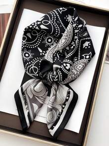1pc Paisley Print Faux Silk 70cm Square Scarf, Men's Bandana, Versatile Neck Scarf, Sun Protection Headwrap - S51126 - Black - View 3