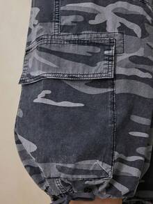 Vintage Washed Camo Cargo Capri Pants, Adjustable Drawstring Women's High Waist Multi Pocket Baggy 7/8 Trousers, Y2K Streetwear Casual Pants - Xám - Xem 5
