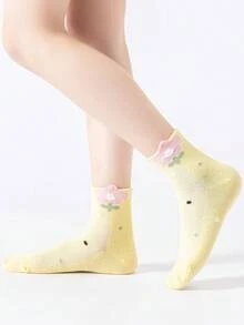 5双装女童可爱卡通3D花朵网眼薄款船袜，樱桃图案中筒袜，夏季款 - 彩色 - 查看 6