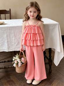 Conjunto de 2 piezas para niña en verano: Camiseta de tirantes con volantes + Pantalones de pierna ancha, con detalle de lazo delicado, conjunto rosa dulce, de tela suave y lisa, holgado y cómodo, lindo atuendo diario - Rosa - Ver 3