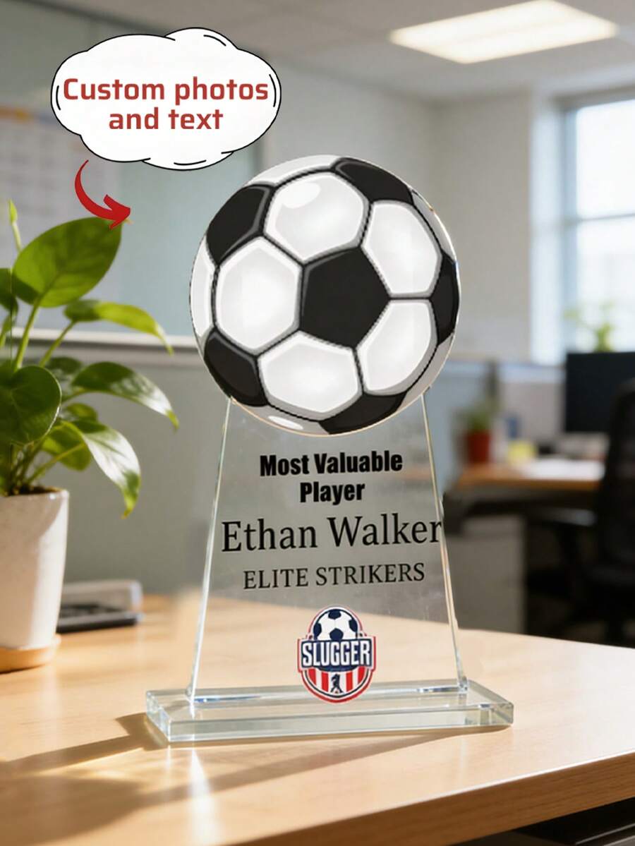 1 pièce Trophée acrylique personnalisé avec photo et texte "Joueur le plus précieux" de football - Trophée "Joueur le plus précieux" personnalisé avec logo d'équipe, nom et saison | Cadeau de reconnaissance sportive pour les joueurs et les équipes de football | Trophée thème football - Multicolore - Voir 1