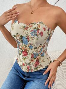Top corto sin tirantes con estampado floral vintage - Perfecto para citas y salidas con amigos - Multicolor - Ver 9