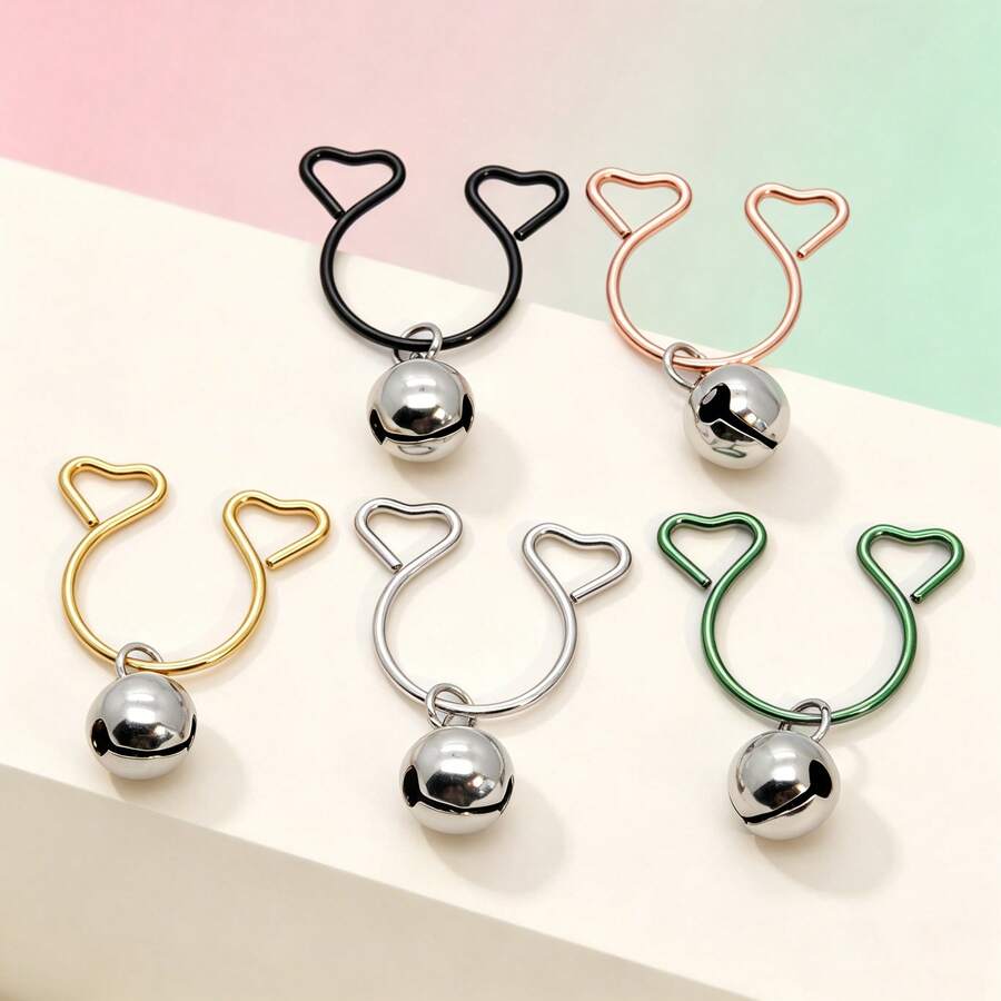 5 Pieces / 1 Set Stainless Steel Double Heart Pendant Earrings For Valentine's Day, Luxurious And Fashionable Beach, Romantic, Nipple Ring Fake Nipple Clamps Without Piercing Nipple Ring Set Industrial Piercing Jewelry - Bell Nipple Ring - View 1