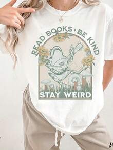 Women'S 90s Y2K Retro Bookworm T-Shirt |   Oversized Soft Crew Neck Short Sleeve With "Read, Be Kind, Stay Original" Slogan And Book Lover Frog And Book Page Design - Retro Literary Pattern, Suitable For Book Clubs, Libraries, Casual Wear100Cotton - 白色 - 查看 6