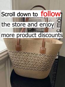 Chic Handmade Woven Straw Single Tote Bag, Casual Hollow Out Weave Fabric Top Handle Handbag, Large Capacity Solid Khaki Beach Vacation Bucket Tote Bag, Great For Summer Beach Trip, Island Vacation, Shopping, Daily Strolling, Outdoor Outing - Khaki - View 2