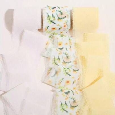 3 Rolls Yellow Chiffon Satin Ribbon, 16.41 Yards Per Roll, 1-3/8-1-1/2 Inch Wide, Fringed Edge Design, Suitable For Packaging Wedding Invitations, Bridal Bouquets, DIY Crafts And Home Decor